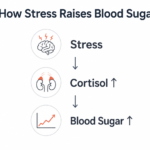 stress and blood sugar connection diagram showing cortisol and blood sugar response