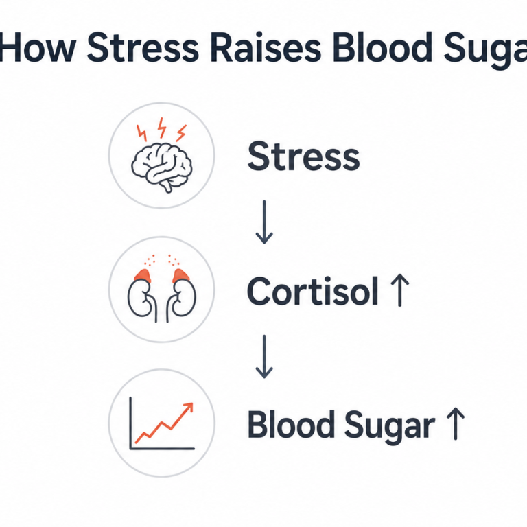 stress and blood sugar connection diagram showing cortisol and blood sugar response